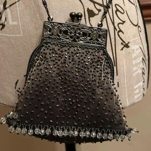 Vintage Sue Wong nocturnal bejeweled formal crossbody bag w/ chain. Metal clasp.